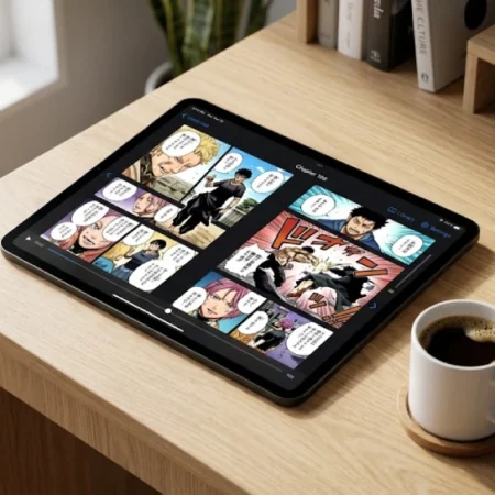 Digital tablet on a desk showing the vyvymanga reader interface with vibrant manga panels in dark mode.