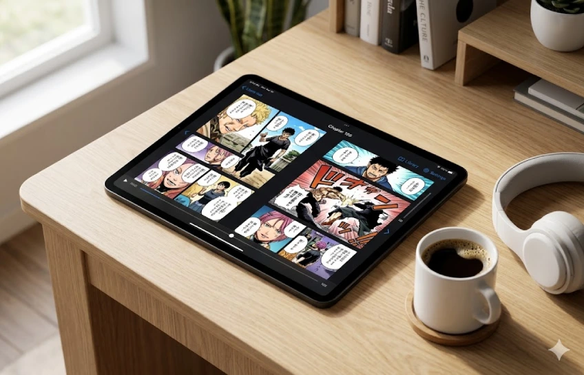 Digital tablet on a desk showing the vyvymanga reader interface with vibrant manga panels in dark mode.