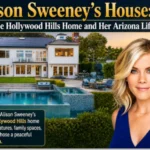 Alison Sweeney standing beside her luxury Hollywood Hills home featuring a large outdoor pool, manicured garden, and city views, with a caption about her move to Arizona