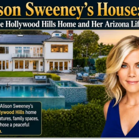 Alison Sweeney standing beside her luxury Hollywood Hills home featuring a large outdoor pool, manicured garden, and city views, with a caption about her move to Arizona