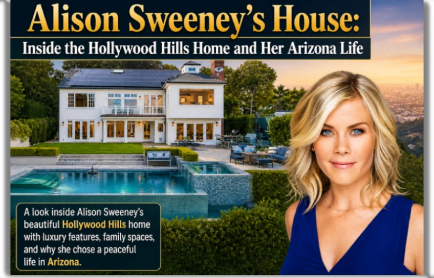 Alison Sweeney standing beside her luxury Hollywood Hills home featuring a large outdoor pool, manicured garden, and city views, with a caption about her move to Arizona