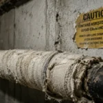 Close-up of deteriorating asbestos pipe insulation shedding fine asbestlint fibers in an old building basement