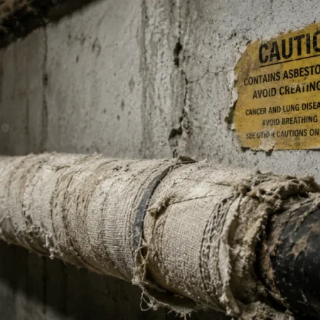 Close-up of deteriorating asbestos pipe insulation shedding fine asbestlint fibers in an old building basement