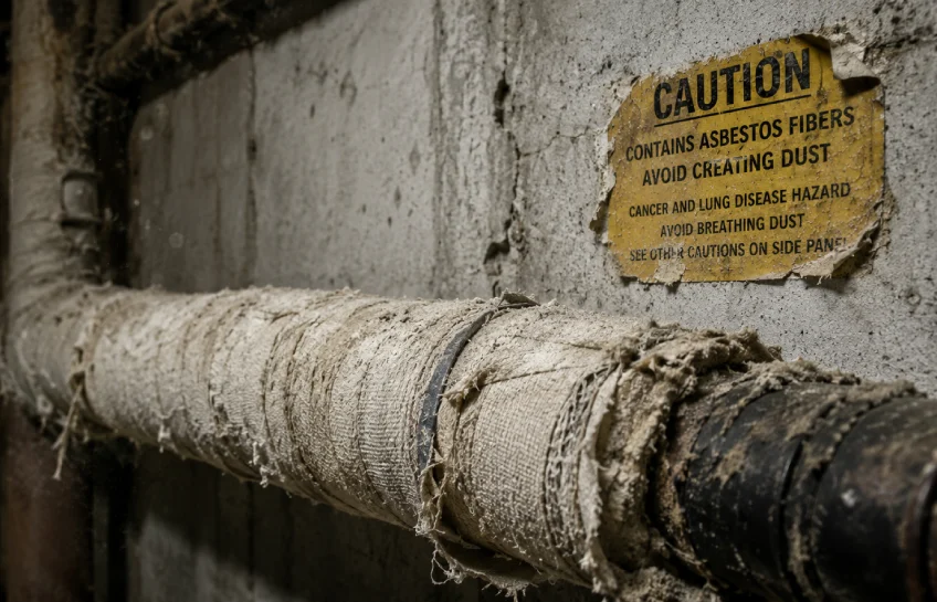 Close-up of deteriorating asbestos pipe insulation shedding fine asbestlint fibers in an old building basement