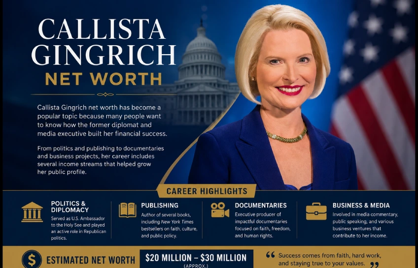 Callista Gingrich net worth infographic showing her career in politics, publishing, media, and diplomacy