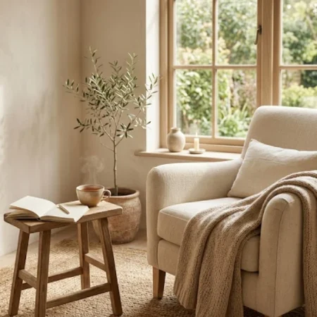 Cozy minimalist room corner with a reading chair and warm tea illustrating the çbiri lifestyle philosophy.