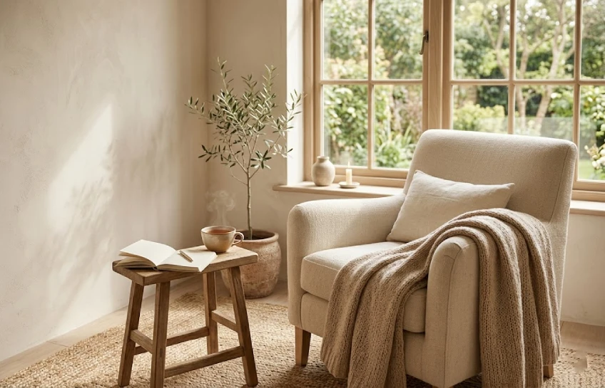 Cozy minimalist room corner with a reading chair and warm tea illustrating the çbiri lifestyle philosophy.