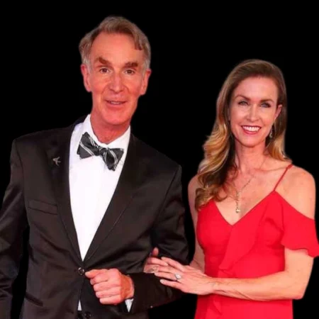 Bill Nye and a woman in a red dress at a formal event, related to the Charity Nye family story
