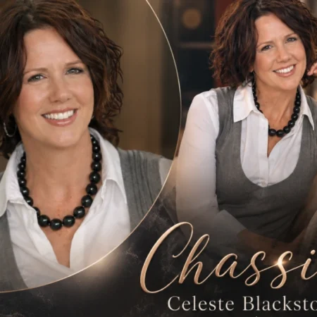 Chassidy Celeste Blackstock smiling in a professional photo shoot, wearing a white shirt, gray vest, and black beaded necklace, with her name displayed in gold script text