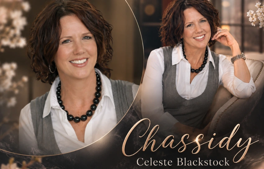 Chassidy Celeste Blackstock smiling in a professional photo shoot, wearing a white shirt, gray vest, and black beaded necklace, with her name displayed in gold script text