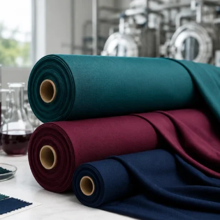 Close-up of chromtex-treated fabric rolls showing vibrant, colorfast textile processing in a modern mill