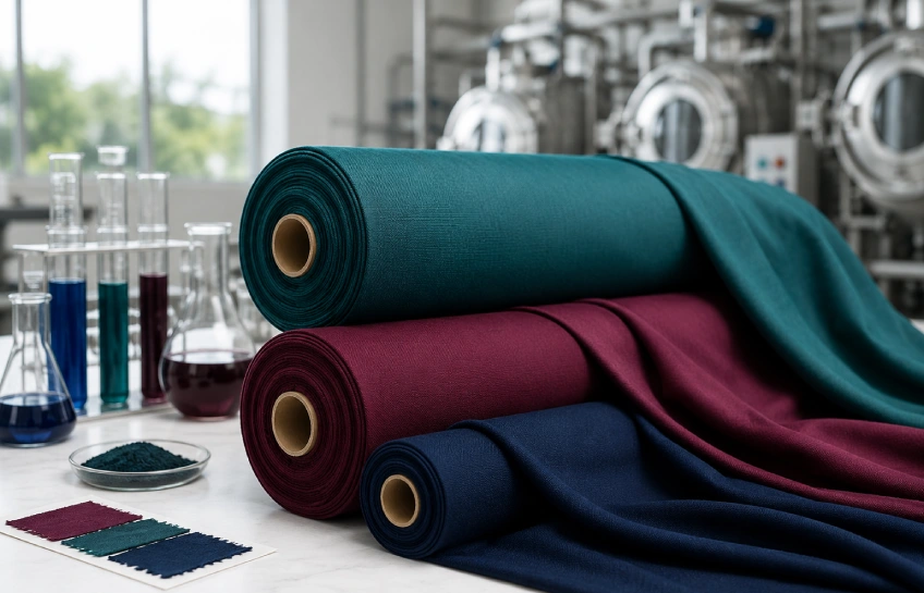 Close-up of chromtex-treated fabric rolls showing vibrant, colorfast textile processing in a modern mill