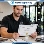 Delta Fitness Authority certified personal trainer reviewing credentials in a professional gym environment