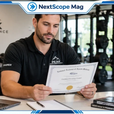 Delta Fitness Authority certified personal trainer reviewing credentials in a professional gym environment
