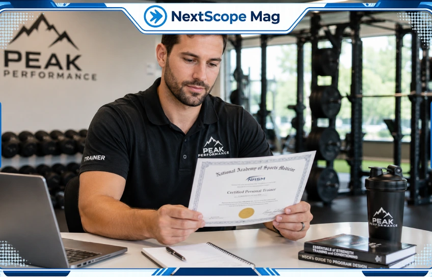 Delta Fitness Authority certified personal trainer reviewing credentials in a professional gym environment