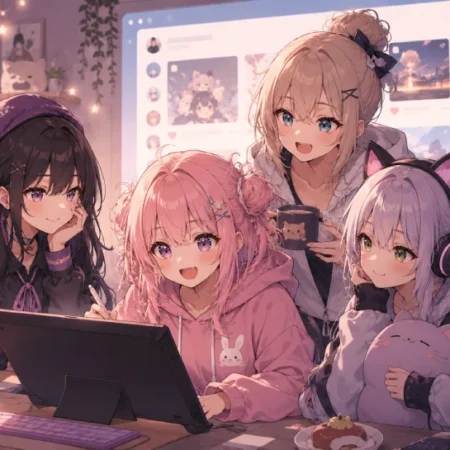 Fan-made anime-style characters showing dojen moe in a cozy digital art studio, soft colors and warm, friendly mood.