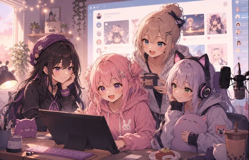 Fan-made anime-style characters showing dojen moe in a cozy digital art studio, soft colors and warm, friendly mood.