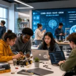 Students practicing duaction through hands-on learning and real-world educational activities in a modern classroom