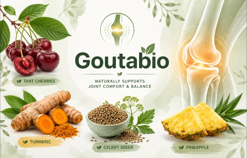Goutabio natural supplement ingredients including tart cherry, turmeric, and celery seed for gout relief