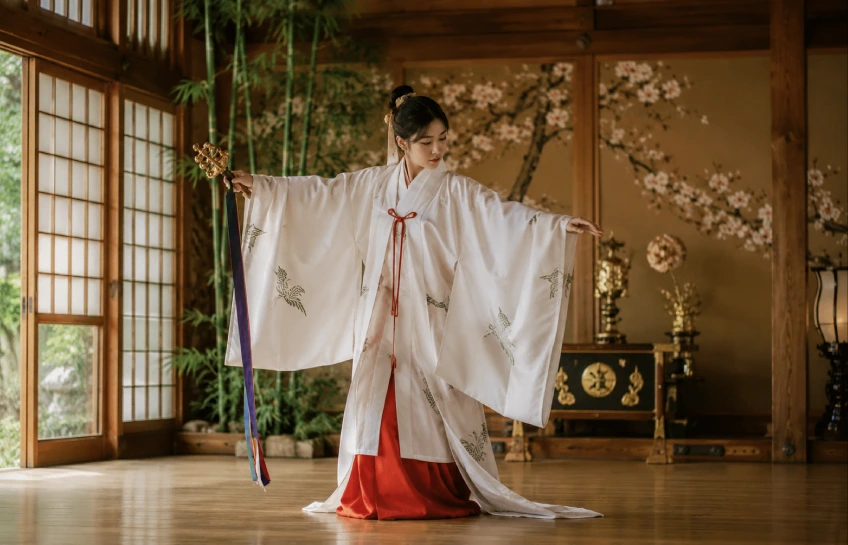 Hitaar practitioner in traditional Japanese ceremonial kimono performing a slow ritual movement inside a wooden hall with shoji screen lighting