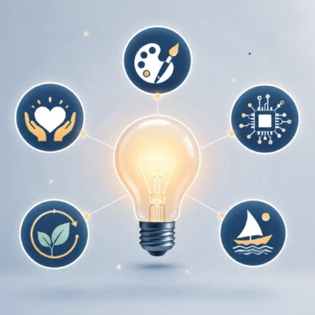 Flat illustration showing a lightbulb surrounded by icons representing the core pillars of innøve — creativity, empathy, technology, and adaptability.