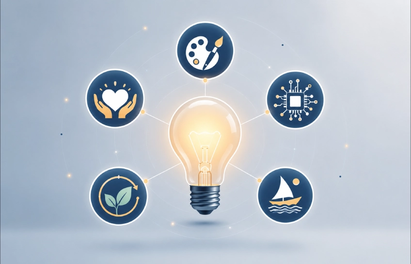Flat illustration showing a lightbulb surrounded by icons representing the core pillars of innøve — creativity, empathy, technology, and adaptability.
