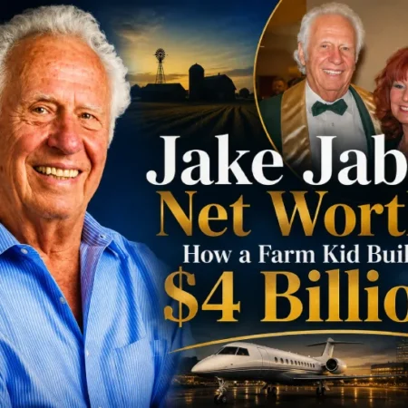 Jake Jabs net worth 2026 - Founder of American Furniture Warehouse smiling in blue shirt with private jet and city background