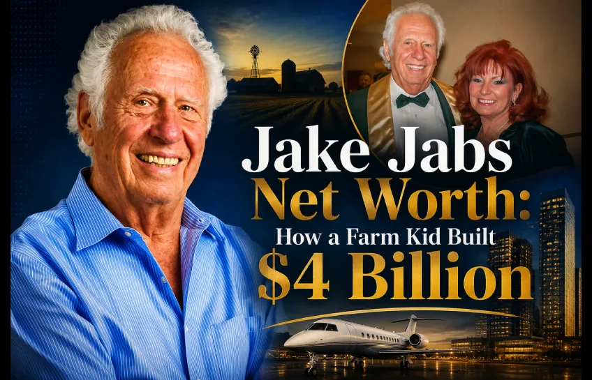 Jake Jabs net worth 2026 - Founder of American Furniture Warehouse smiling in blue shirt with private jet and city background