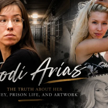 Jodi Arias featured in a dark prison-themed collage with artwork sketches, showing her prison life, money story, and artwork background.