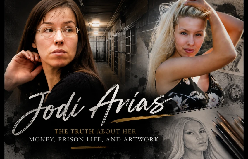 Jodi Arias featured in a dark prison-themed collage with artwork sketches, showing her prison life, money story, and artwork background.