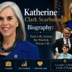 Katherine Clark Scarborough biography collage featuring her career, family life, net worth, and public profile