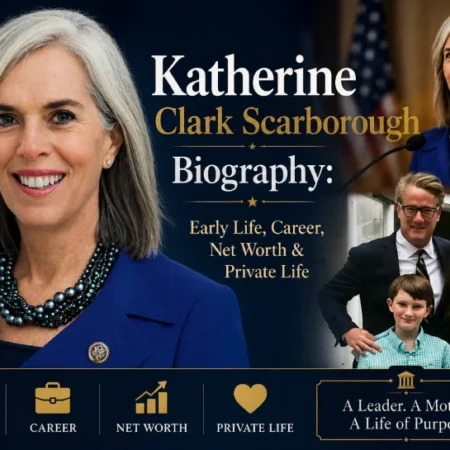 Katherine Clark Scarborough biography collage featuring her career, family life, net worth, and public profile