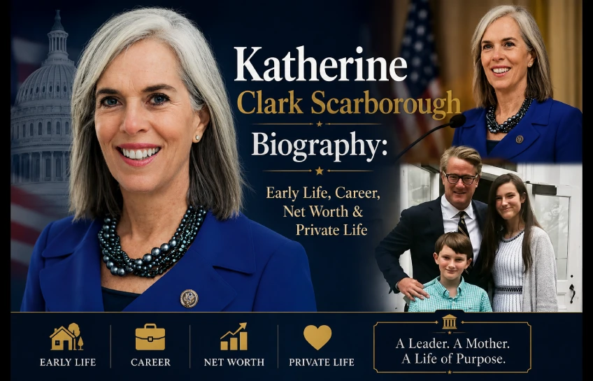 Katherine Clark Scarborough biography collage featuring her career, family life, net worth, and public profile
