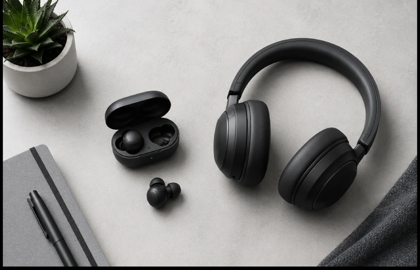 Miuzo wireless earbuds and Bluetooth headphones on a clean surface — affordable audio gear for everyday use