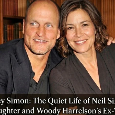 A photograph of author Nancy Simon and actor Woody Harrelson, both smiling, with a bookshelf background, including text identifying her as "The Quiet Life of Neil Simon’s Daughter and Woody Harrelson’s Ex-Wife".