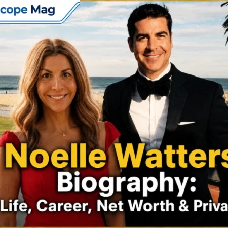 Noelle Watters biography cover image showing a woman in a red dress and a man in a black tuxedo standing near a beach – featuring early life, career, net worth, and private life details on NextScope Mag