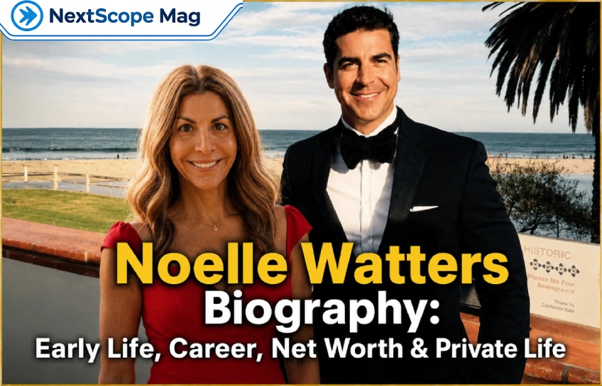 Noelle Watters biography cover image showing a woman in a red dress and a man in a black tuxedo standing near a beach – featuring early life, career, net worth, and private life details on NextScope Mag