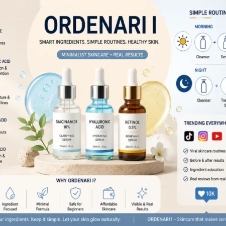 Minimalist skincare products and ingredient-based beauty routine connected to ordenari I skincare trends