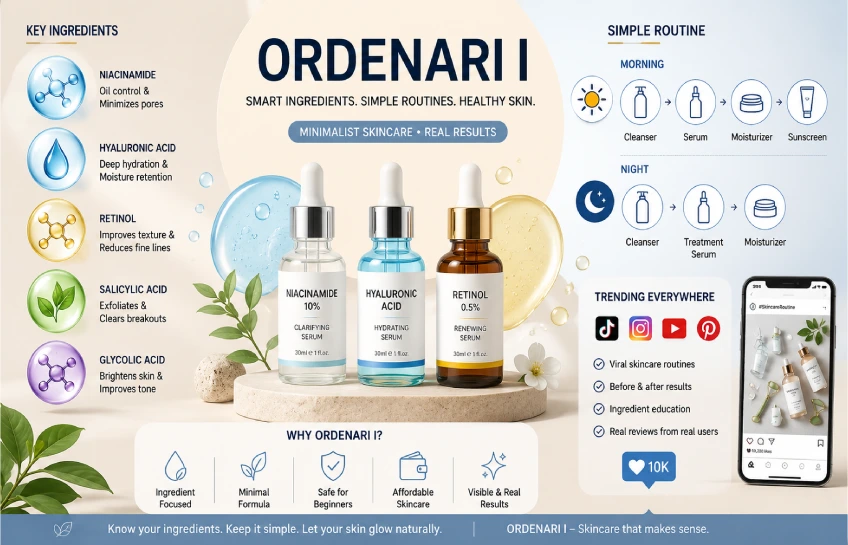 Minimalist skincare products and ingredient-based beauty routine connected to ordenari I skincare trends