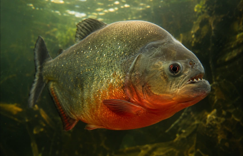 Piragnia red-bellied piranha swimming in a South American freshwater river with sharp teeth visible