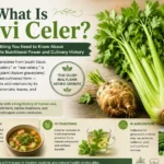 Pravi celer infographic showing true celery plant with stalks, celeriac root, and its uses in the kitchen, traditional herbal practices, and agriculture