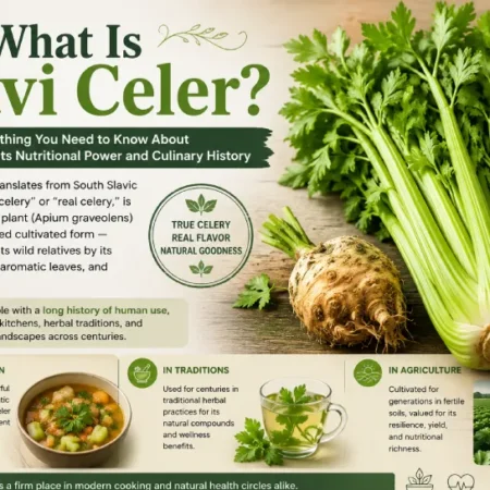 Pravi celer infographic showing true celery plant with stalks, celeriac root, and its uses in the kitchen, traditional herbal practices, and agriculture