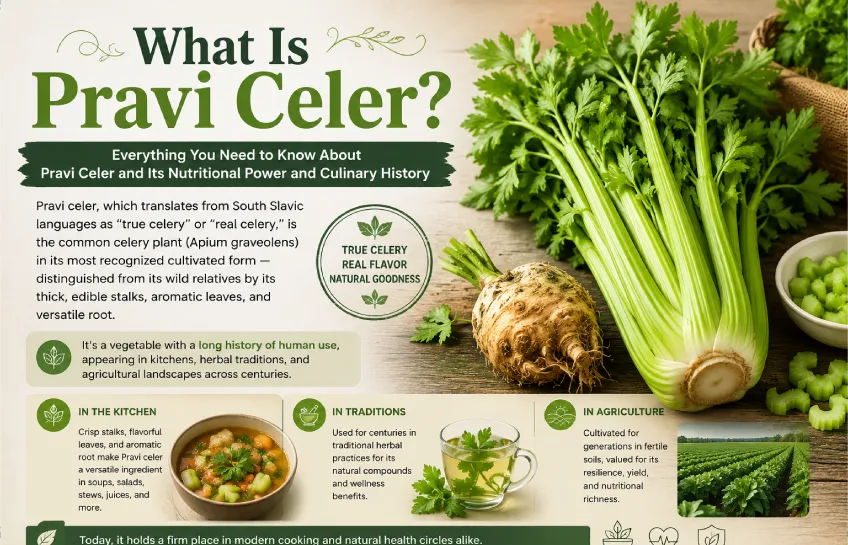 Pravi celer infographic showing true celery plant with stalks, celeriac root, and its uses in the kitchen, traditional herbal practices, and agriculture