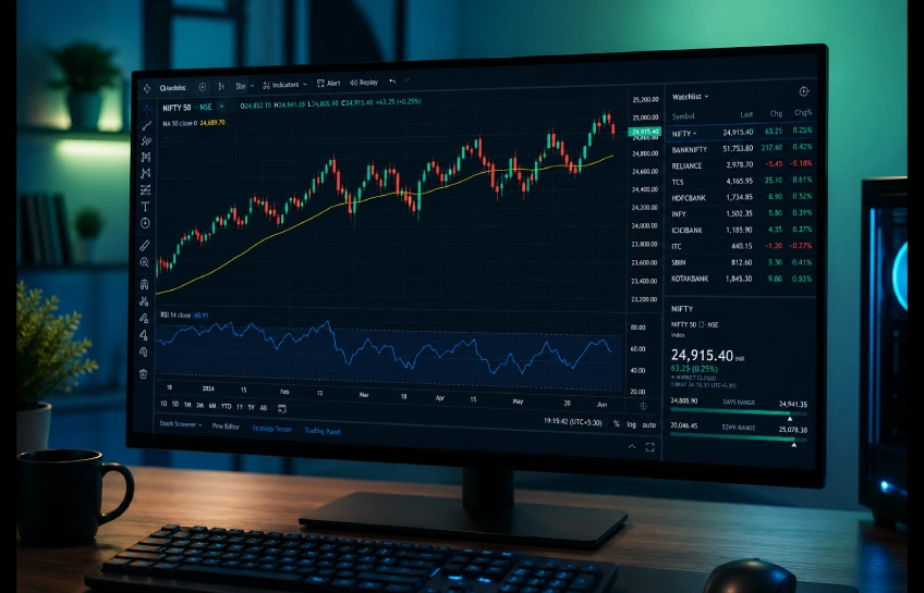 Intraday trading screen showing candlestick chart with moving averages and RSI indicator for day trading strategy analysis