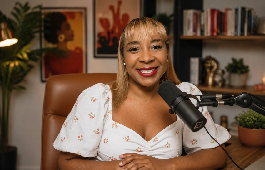 Sabrina Salvati sitting at a podcast microphone in her studio — known for the Sabby Sabs podcast