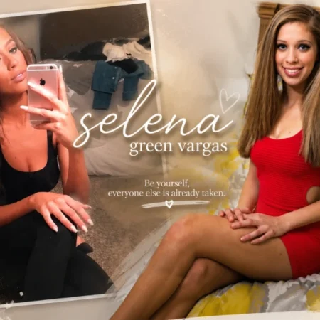 Selena Green Vargas – two-photo collage featuring a mirror selfie and a posed portrait with her name overlaid