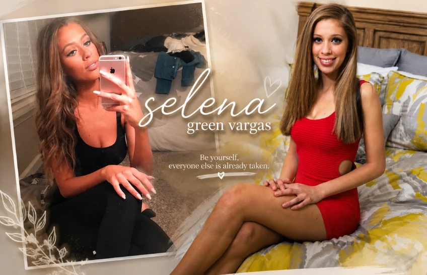 Selena Green Vargas – two-photo collage featuring a mirror selfie and a posed portrait with her name overlaid