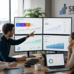 Garage2Global SEO experts analyzing website analytics and search rankings on multiple monitors