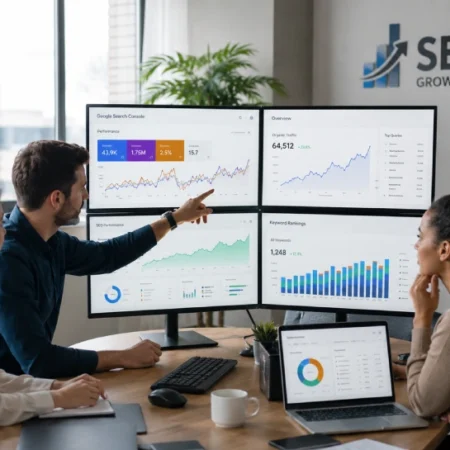 Garage2Global SEO experts analyzing website analytics and search rankings on multiple monitors