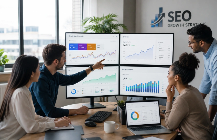 Garage2Global SEO experts analyzing website analytics and search rankings on multiple monitors